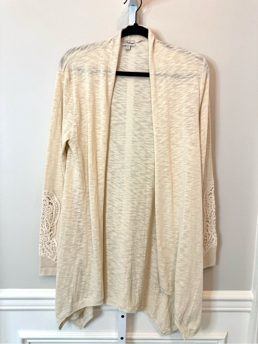 P.J. Salvage RCBBCA Sand Open Front Cardigan Crochet Elbow Detail NWT Size M